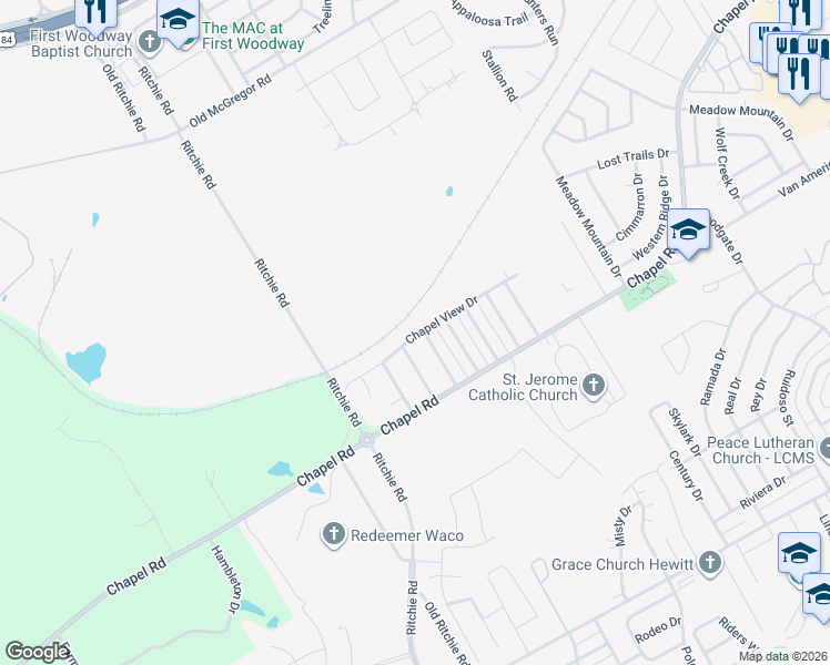 map of restaurants, bars, coffee shops, grocery stores, and more near 812 Chapel View Drive in Waco
