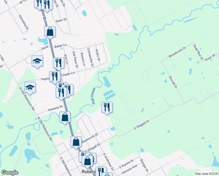map of restaurants, bars, coffee shops, grocery stores, and more near 598 East Shamrock Drive in Robinson