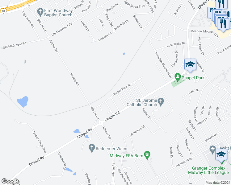 map of restaurants, bars, coffee shops, grocery stores, and more near 814 Chapel View Drive in Woodway