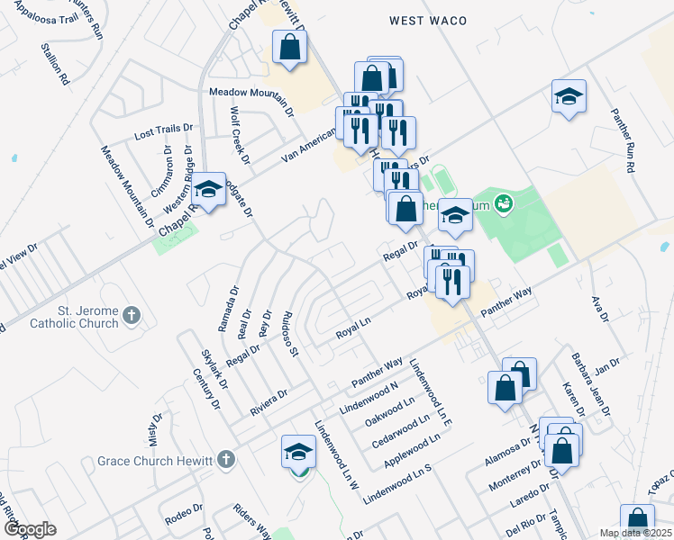 map of restaurants, bars, coffee shops, grocery stores, and more near 9137 Darby Lane in Waco