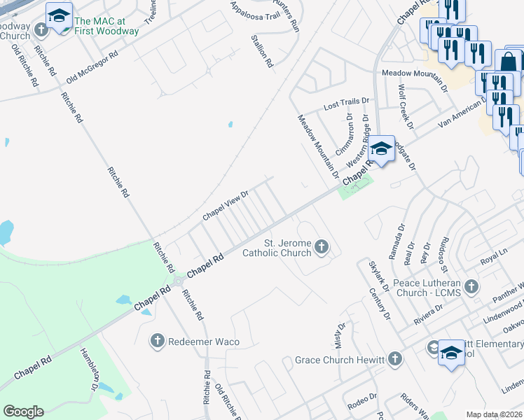 map of restaurants, bars, coffee shops, grocery stores, and more near 1403 Chapel Creek Road in Waco