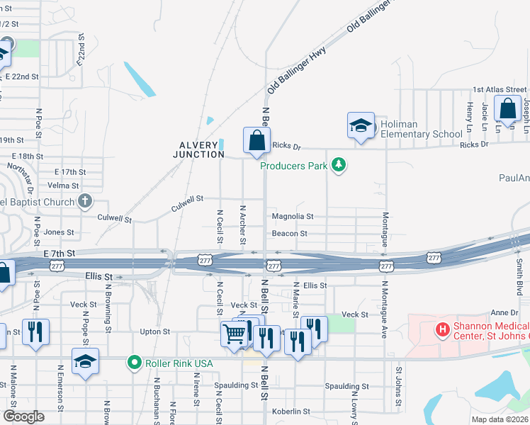 map of restaurants, bars, coffee shops, grocery stores, and more near 1012 North Bell Street in San Angelo