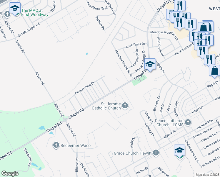 map of restaurants, bars, coffee shops, grocery stores, and more near 1412 Chapelwood Drive in Waco