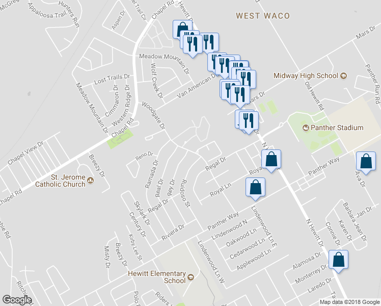 map of restaurants, bars, coffee shops, grocery stores, and more near 1800 Rey Drive in Woodway