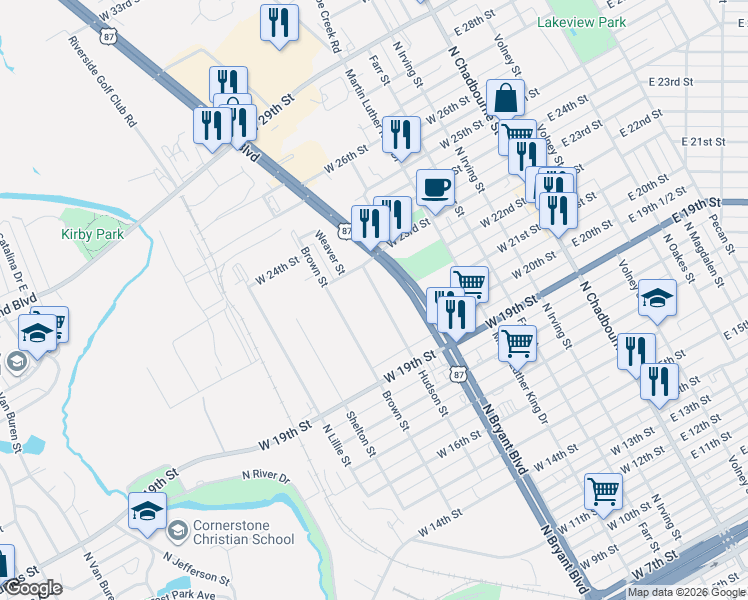 map of restaurants, bars, coffee shops, grocery stores, and more near 1900-2298 Hudson Street in San Angelo