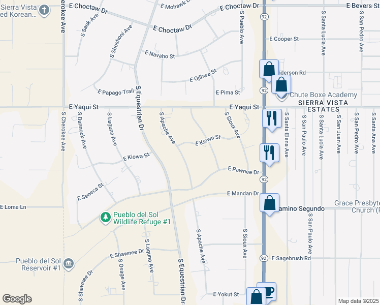 map of restaurants, bars, coffee shops, grocery stores, and more near 3522 East Kiowa Street in Sierra Vista