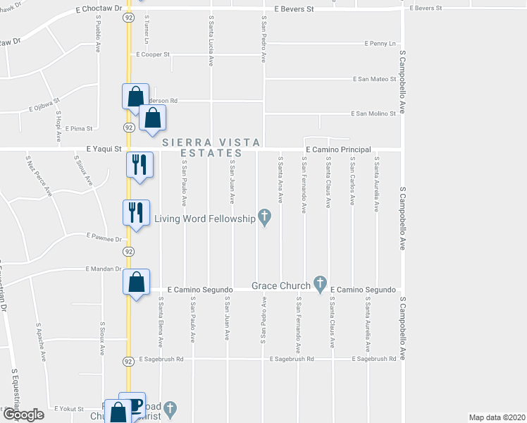 map of restaurants, bars, coffee shops, grocery stores, and more near 4961 South San Pedro Avenue in Sierra Vista