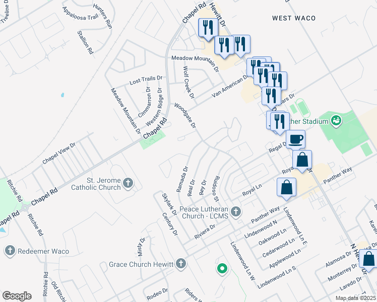 map of restaurants, bars, coffee shops, grocery stores, and more near 1723 Ramada Drive in Waco