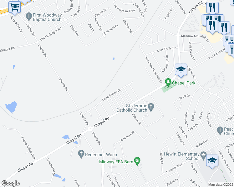 map of restaurants, bars, coffee shops, grocery stores, and more near 1303 Chapel Downs in Waco