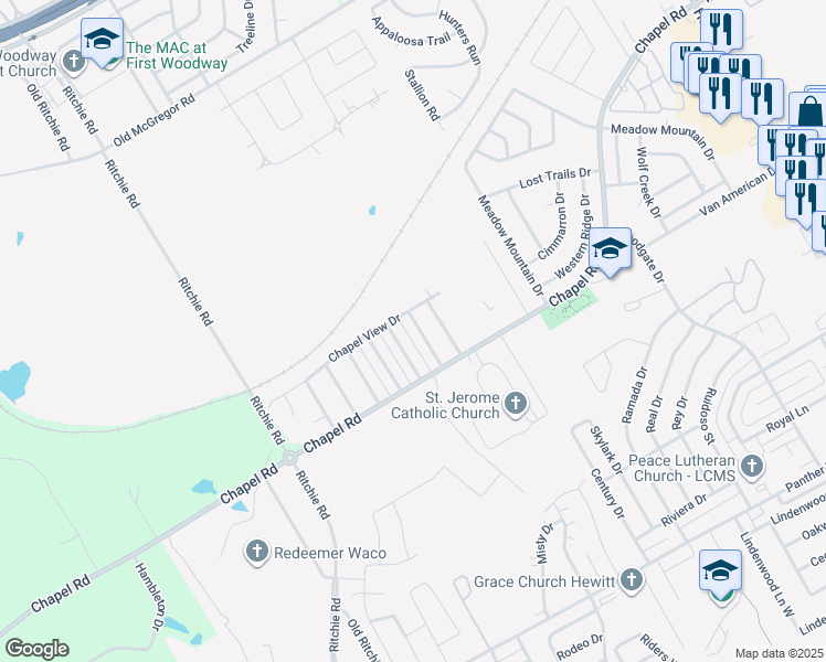 map of restaurants, bars, coffee shops, grocery stores, and more near 1307 Chapel Creek Road in Waco