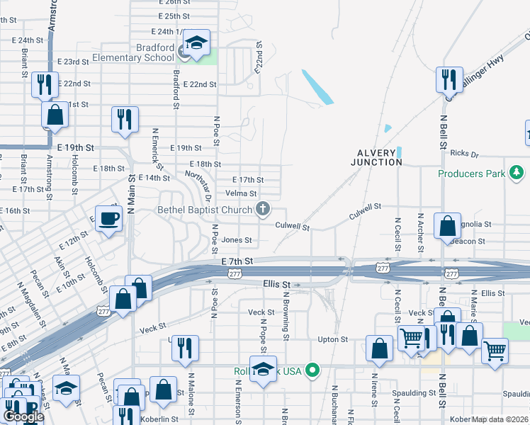 map of restaurants, bars, coffee shops, grocery stores, and more near 800 Hughes Street in San Angelo