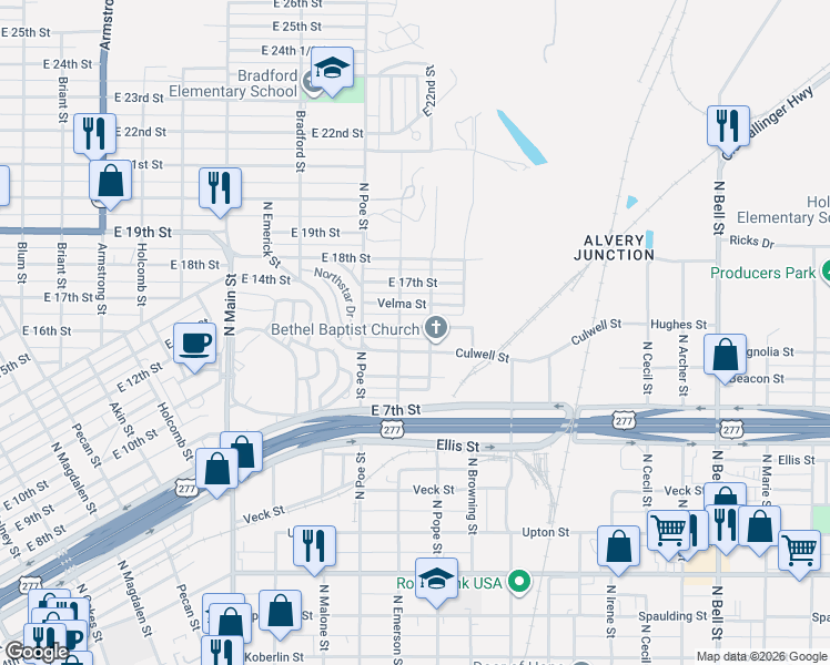 map of restaurants, bars, coffee shops, grocery stores, and more near 728 Hughes Street in San Angelo