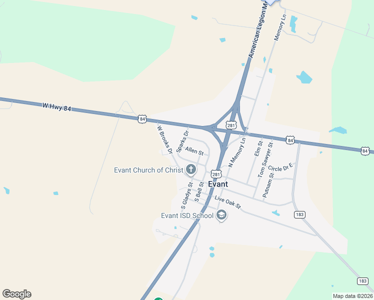 map of restaurants, bars, coffee shops, grocery stores, and more near 300 Allen Street in Evant