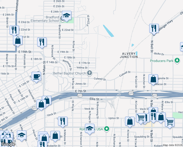 map of restaurants, bars, coffee shops, grocery stores, and more near 800-898 Hughes Street in San Angelo