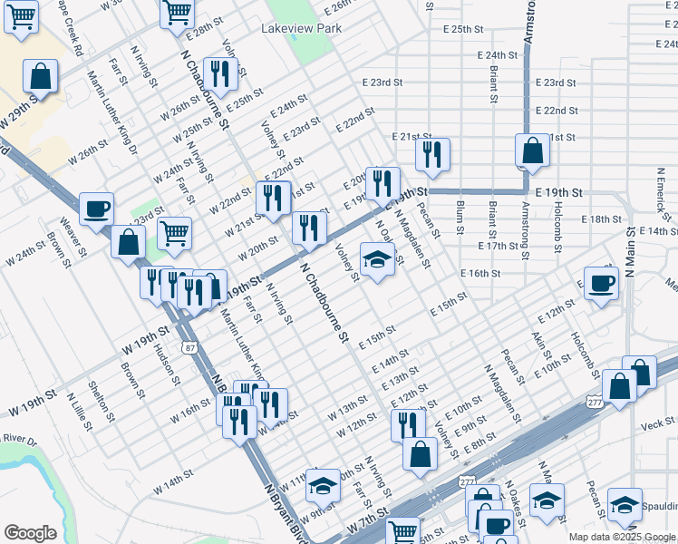 map of restaurants, bars, coffee shops, grocery stores, and more near 33 East 18th Street in San Angelo
