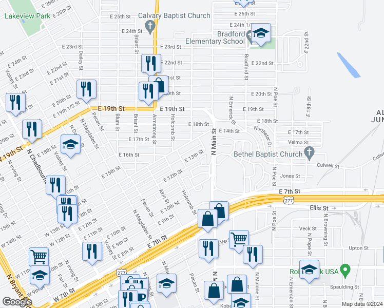 map of restaurants, bars, coffee shops, grocery stores, and more near 618 East 13th Street in San Angelo