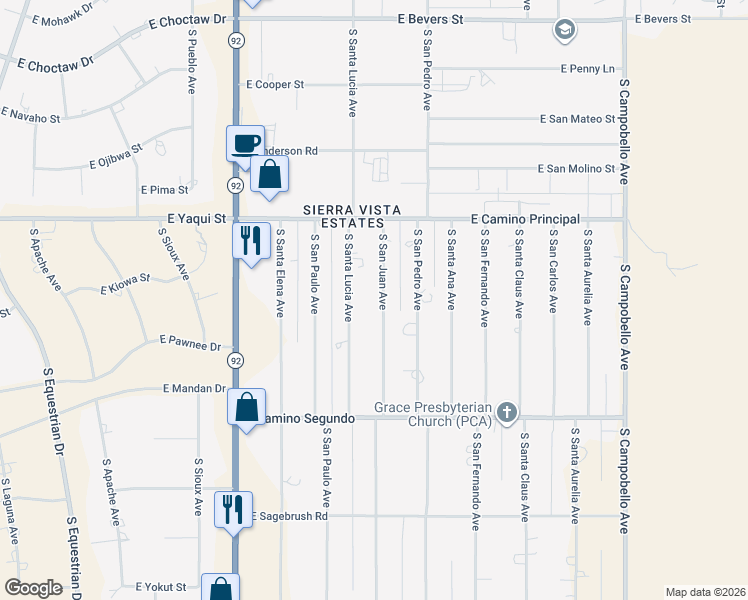 map of restaurants, bars, coffee shops, grocery stores, and more near 4944 South San Juan Avenue in Sierra Vista