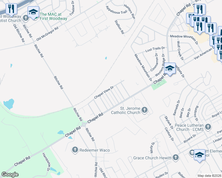 map of restaurants, bars, coffee shops, grocery stores, and more near 1006 Chapel View Road in Waco
