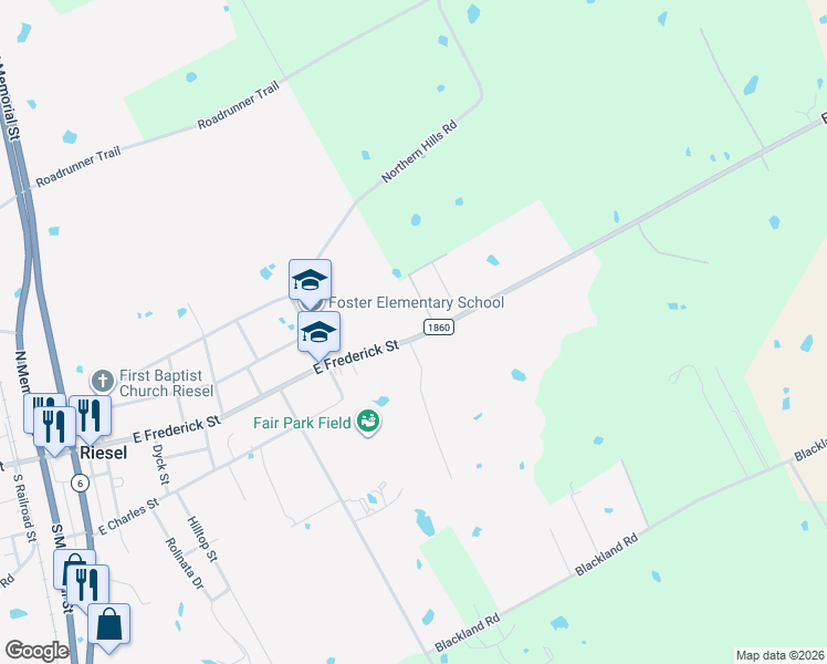 map of restaurants, bars, coffee shops, grocery stores, and more near 801 East Frederick Street in Riesel