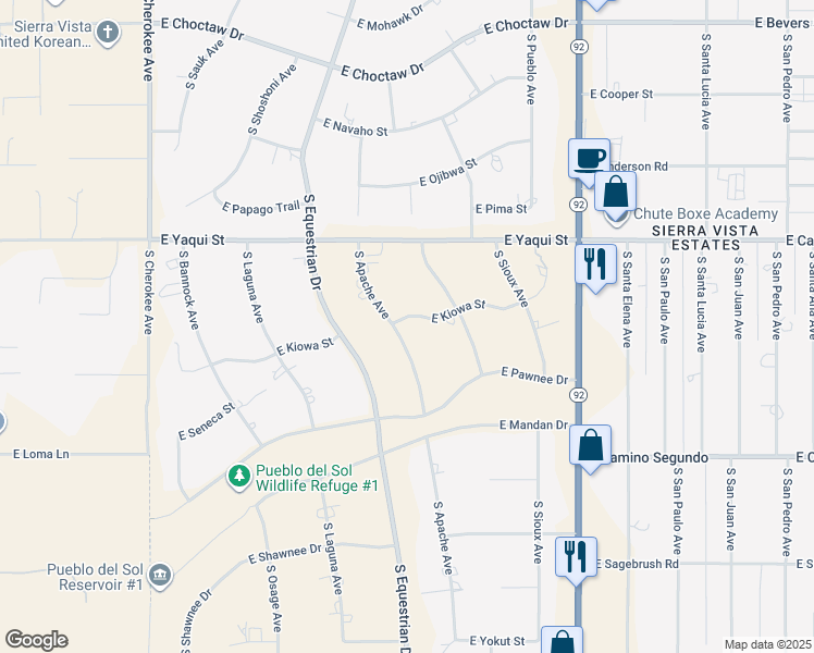 map of restaurants, bars, coffee shops, grocery stores, and more near 3522 East Kiowa Street in Sierra Vista