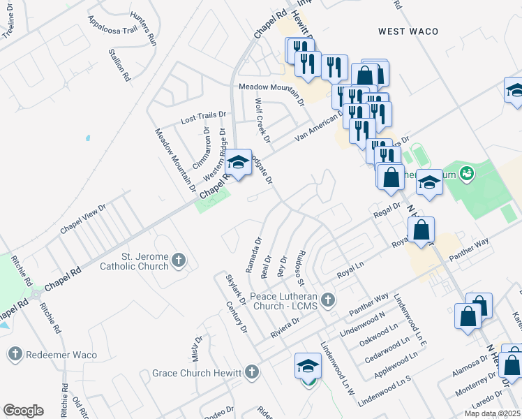 map of restaurants, bars, coffee shops, grocery stores, and more near 1723 Ramada Drive in Waco