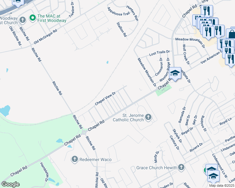 map of restaurants, bars, coffee shops, grocery stores, and more near 1307 Chapel Creek Road in Waco