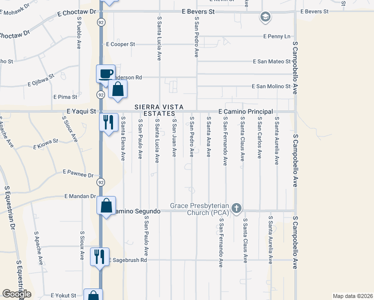 map of restaurants, bars, coffee shops, grocery stores, and more near 4938 South San Pedro Avenue in Sierra Vista