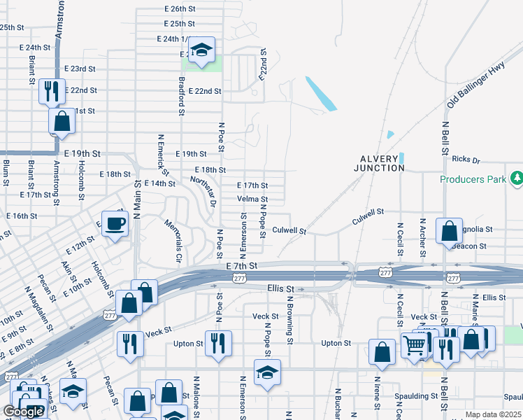 map of restaurants, bars, coffee shops, grocery stores, and more near 728 Hughes Street in San Angelo