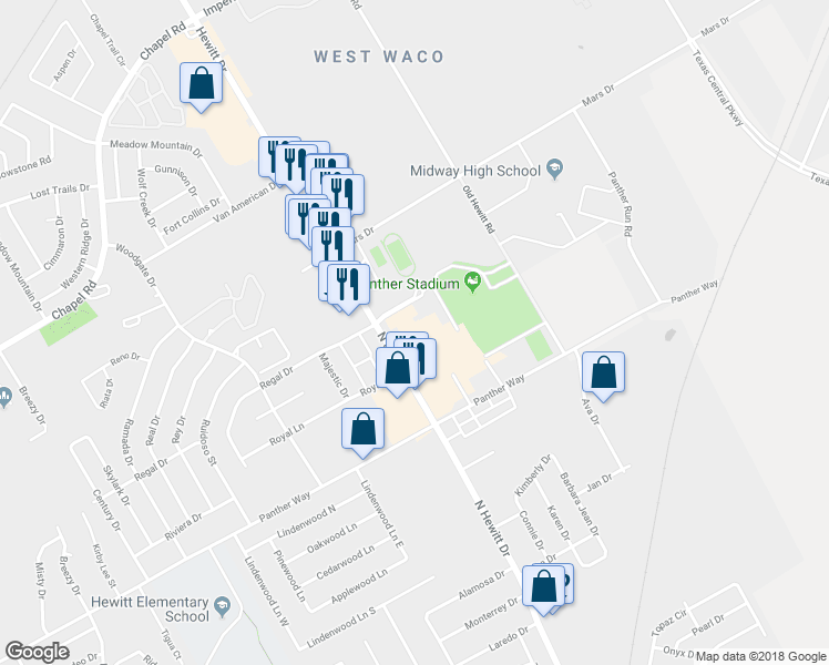 map of restaurants, bars, coffee shops, grocery stores, and more near 800 Hewitt Dr in Hewitt