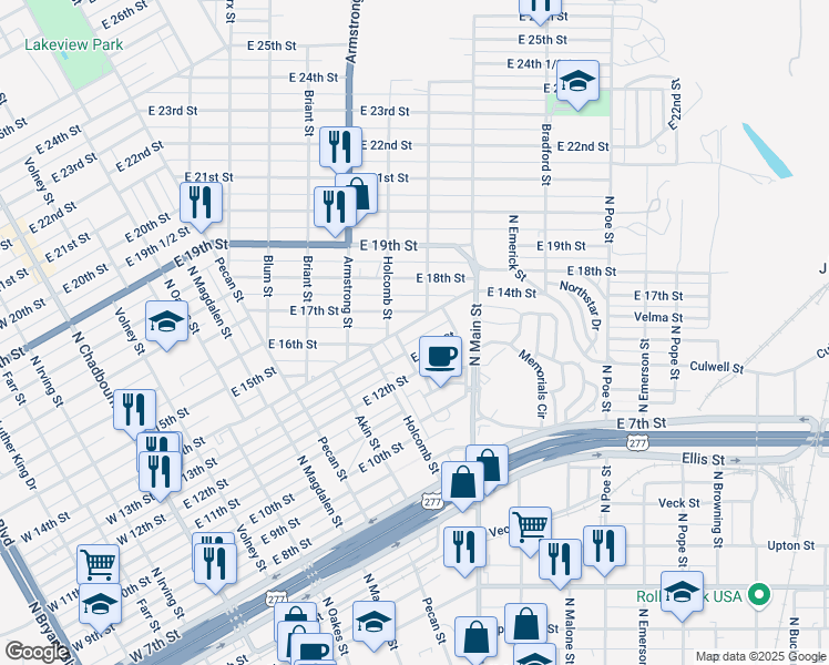 map of restaurants, bars, coffee shops, grocery stores, and more near 618 East 13th Street in San Angelo