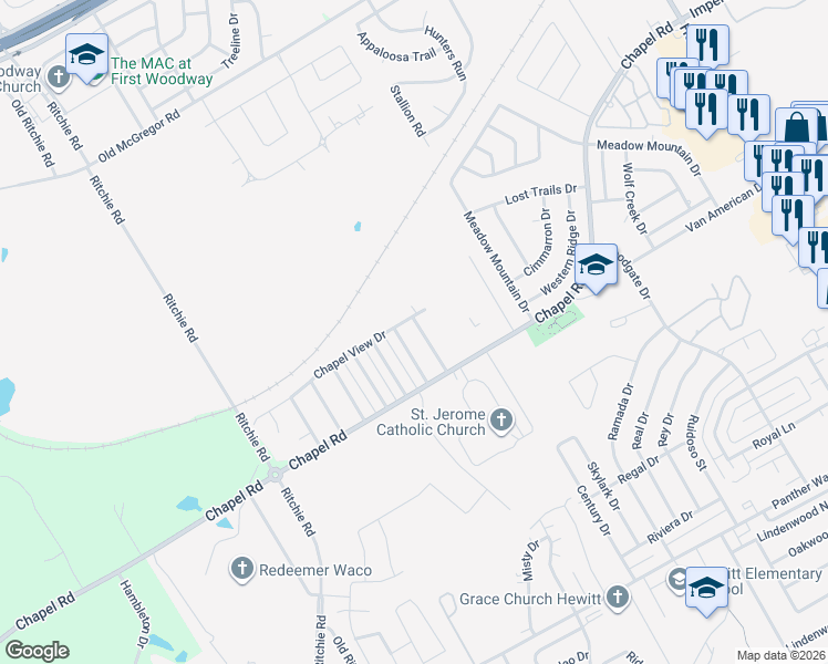 map of restaurants, bars, coffee shops, grocery stores, and more near 1307 Chapel Creek Road in Waco