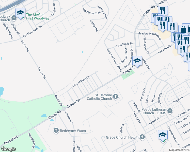 map of restaurants, bars, coffee shops, grocery stores, and more near 1307 Chapel Creek Road in Waco