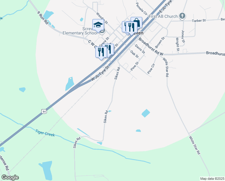 map of restaurants, bars, coffee shops, grocery stores, and more near 627 Sikes Road in Screven
