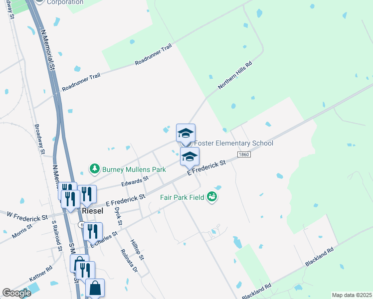map of restaurants, bars, coffee shops, grocery stores, and more near 200 North Williams Street in Riesel