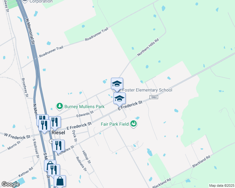 map of restaurants, bars, coffee shops, grocery stores, and more near 200 North Williams Street in Riesel
