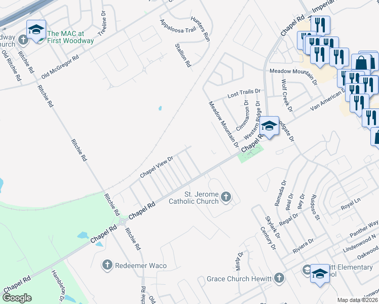 map of restaurants, bars, coffee shops, grocery stores, and more near 1304 Chapelwood Drive in Waco