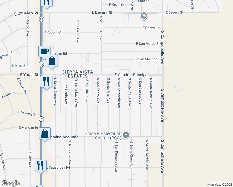 map of restaurants, bars, coffee shops, grocery stores, and more near 4938 South San Fernando Avenue in Sierra Vista