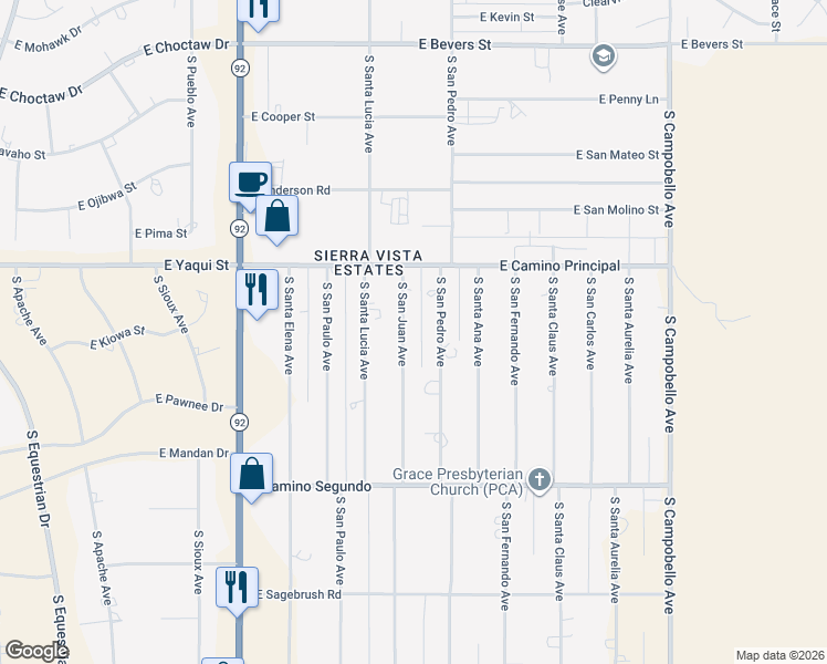 map of restaurants, bars, coffee shops, grocery stores, and more near 4938 South San Pedro Avenue in Sierra Vista