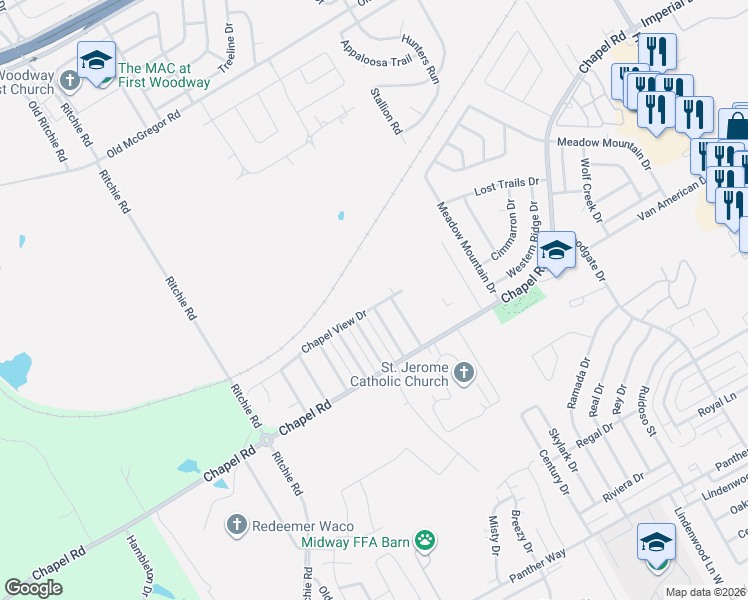 map of restaurants, bars, coffee shops, grocery stores, and more near 1307 Chapel Creek Road in Waco