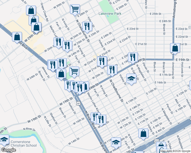map of restaurants, bars, coffee shops, grocery stores, and more near 2000 North Irving Street in San Angelo