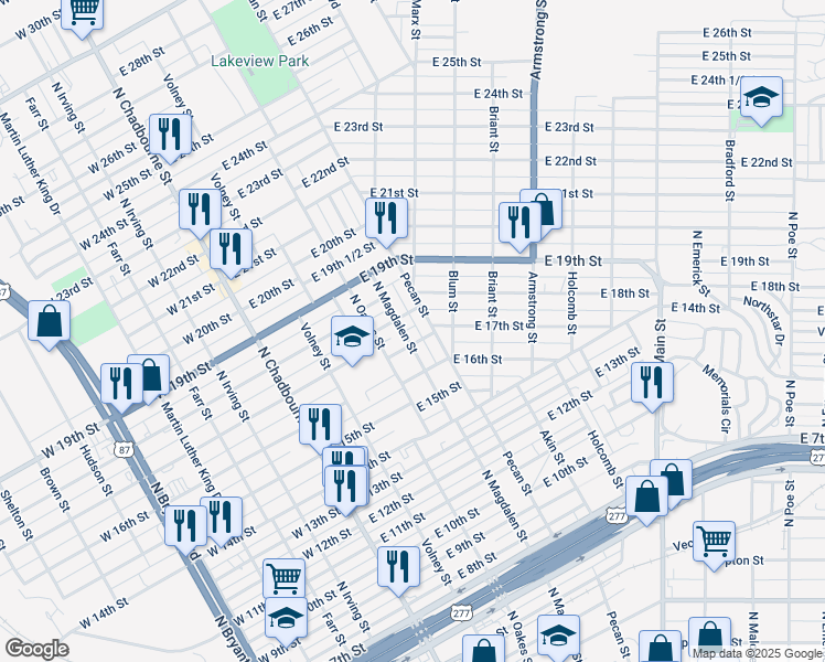map of restaurants, bars, coffee shops, grocery stores, and more near 1600-1698 North Magdalen Street in San Angelo