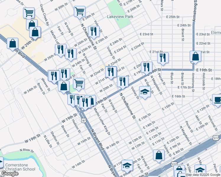 map of restaurants, bars, coffee shops, grocery stores, and more near 18 West 20th Street in San Angelo