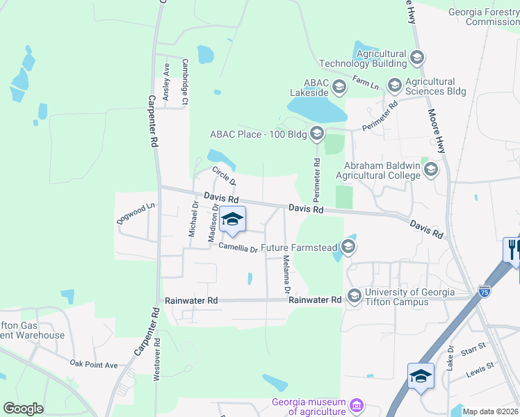 map of restaurants, bars, coffee shops, grocery stores, and more near 2809 Davis Road in Tifton