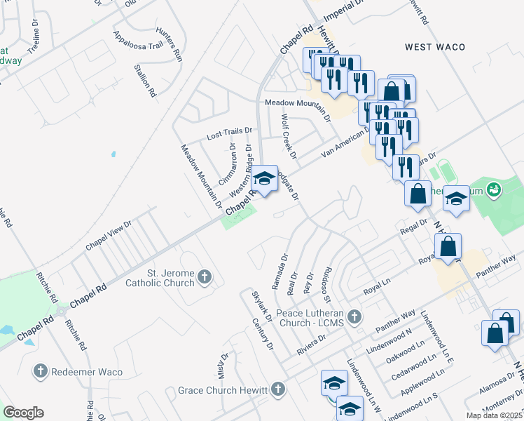 map of restaurants, bars, coffee shops, grocery stores, and more near 9400 Chapel Road in Waco