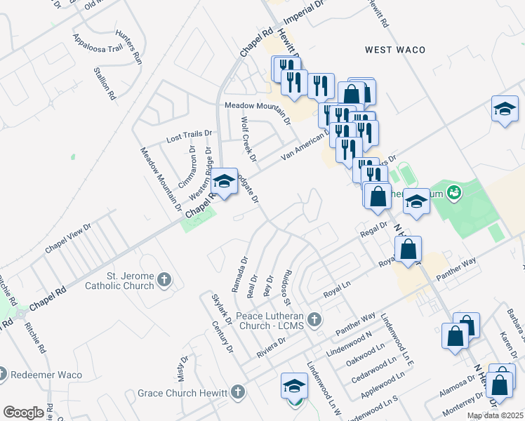 map of restaurants, bars, coffee shops, grocery stores, and more near 1800 Woodgate Drive in Waco