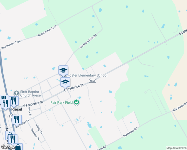 map of restaurants, bars, coffee shops, grocery stores, and more near 801 East Frederick Street in Riesel