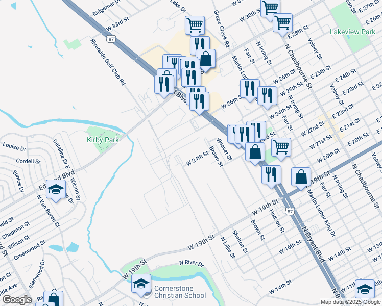 map of restaurants, bars, coffee shops, grocery stores, and more near 2401 North Lillie Street in San Angelo