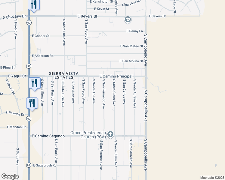 map of restaurants, bars, coffee shops, grocery stores, and more near 4856 South Santa Claus Avenue in Sierra Vista