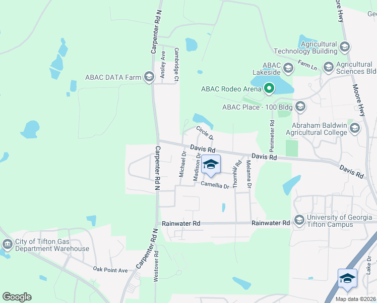 map of restaurants, bars, coffee shops, grocery stores, and more near 3201 Davis Road in Tifton
