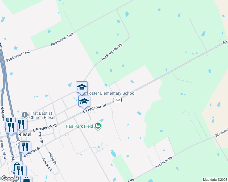map of restaurants, bars, coffee shops, grocery stores, and more near 801 East Frederick Street in Riesel